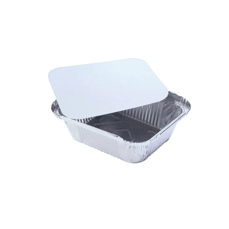 100 Aluminium Shrink Wrap Trays 450 ml 147 x 122 x 40 mm with Alu White Carton lid - D-Work