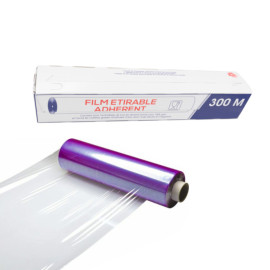 Roll of 45cm x 300M clear stretch film for foodstuffs with dispenser box D-Work